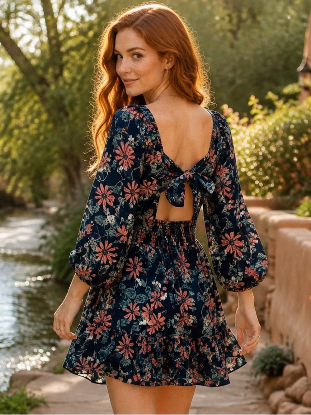 Umgee NWT Navy Floral Peekaboo Back Bow Boho Mini Dress M - Picture 1 of 12